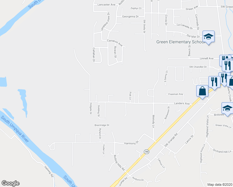 map of restaurants, bars, coffee shops, grocery stores, and more near 150 Clellon Court in Roseburg