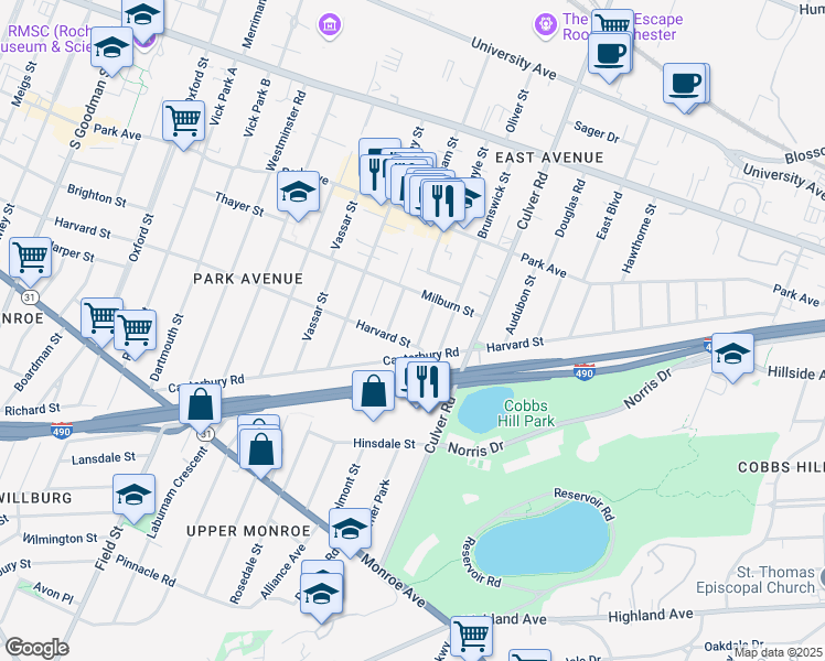 map of restaurants, bars, coffee shops, grocery stores, and more near 47 Berkshire Street in Rochester