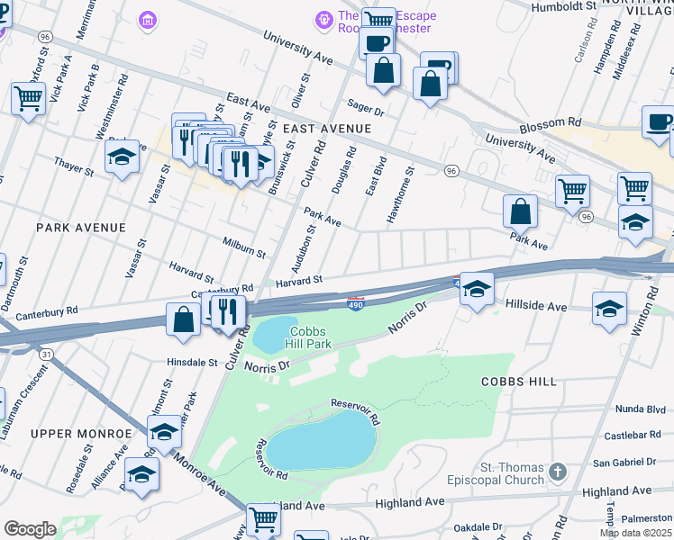 map of restaurants, bars, coffee shops, grocery stores, and more near 71 Calumet Street in Rochester