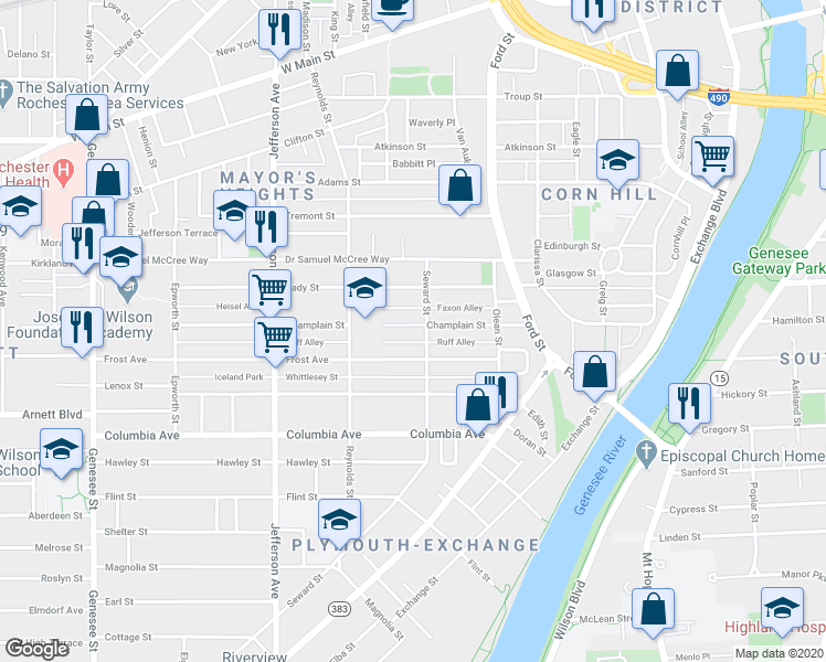 map of restaurants, bars, coffee shops, grocery stores, and more near 131 Champlain Street in Rochester
