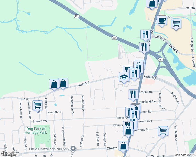 map of restaurants, bars, coffee shops, grocery stores, and more near 5551 Bear Road in Syracuse