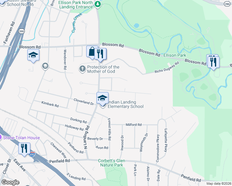 map of restaurants, bars, coffee shops, grocery stores, and more near 83 Klink Road in Rochester