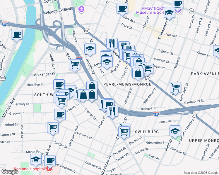 map of restaurants, bars, coffee shops, grocery stores, and more near 279 Pearl Street in Rochester