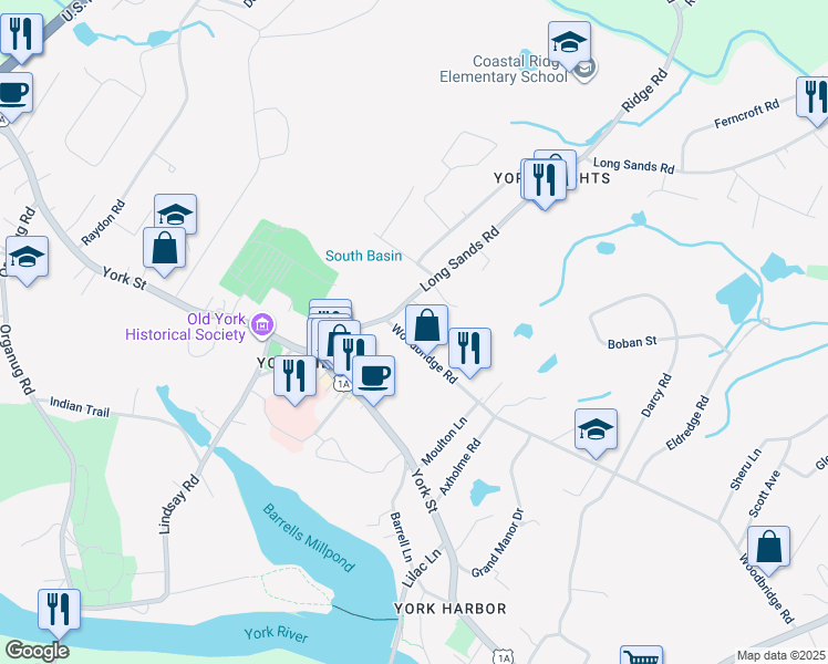 map of restaurants, bars, coffee shops, grocery stores, and more near 10 Woodbridge Road in York