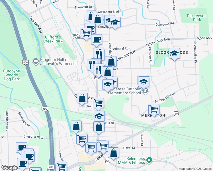 map of restaurants, bars, coffee shops, grocery stores, and more near 6 Cedardale Avenue in St. Catharines
