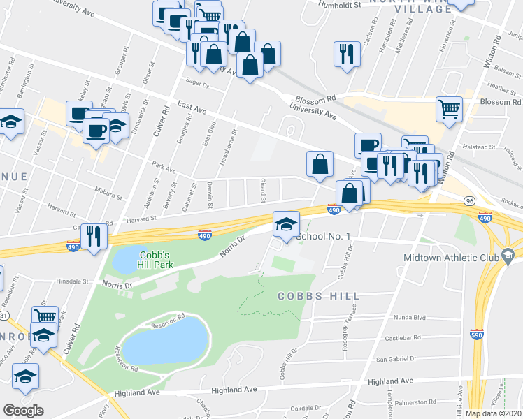 map of restaurants, bars, coffee shops, grocery stores, and more near 979 Harvard Street in Rochester