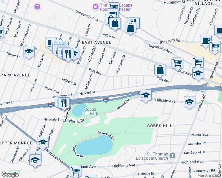 map of restaurants, bars, coffee shops, grocery stores, and more near 870 Harvard Street in Rochester