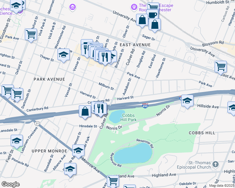 map of restaurants, bars, coffee shops, grocery stores, and more near 192 Culver Road in Rochester