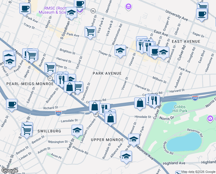 map of restaurants, bars, coffee shops, grocery stores, and more near 326 Barrington Street in Rochester