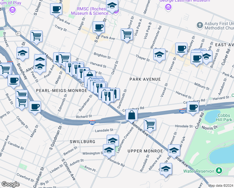 map of restaurants, bars, coffee shops, grocery stores, and more near 252 Rutgers Street in Rochester