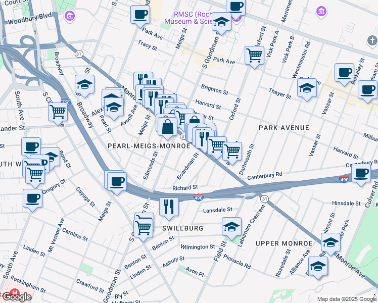map of restaurants, bars, coffee shops, grocery stores, and more near 30 Amherst Street in Rochester