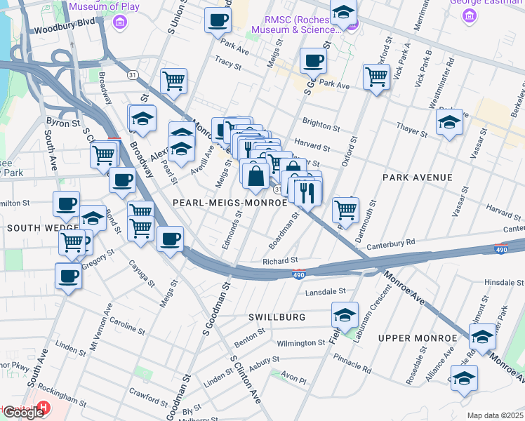 map of restaurants, bars, coffee shops, grocery stores, and more near 465 South Goodman Street in Rochester