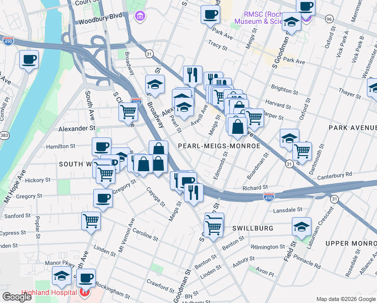 map of restaurants, bars, coffee shops, grocery stores, and more near 662 Broadway in Rochester