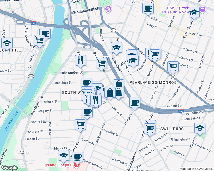 map of restaurants, bars, coffee shops, grocery stores, and more near 29 Bond Street in Rochester