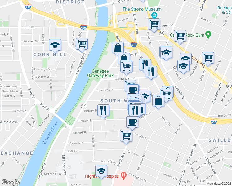 map of restaurants, bars, coffee shops, grocery stores, and more near in Rochester