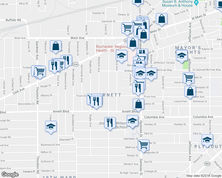 map of restaurants, bars, coffee shops, grocery stores, and more near in Rochester