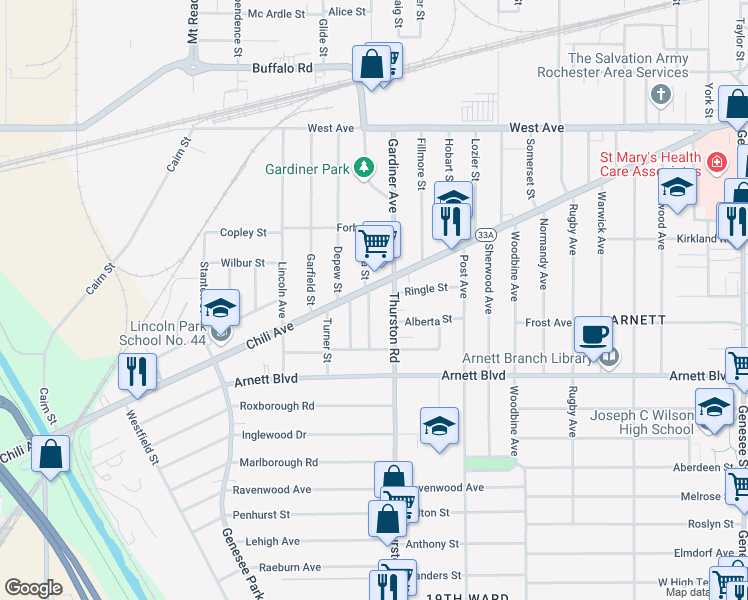 map of restaurants, bars, coffee shops, grocery stores, and more near 110 Salina Street in Rochester