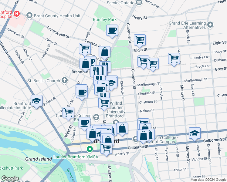 map of restaurants, bars, coffee shops, grocery stores, and more near 135 George Street in Brantford