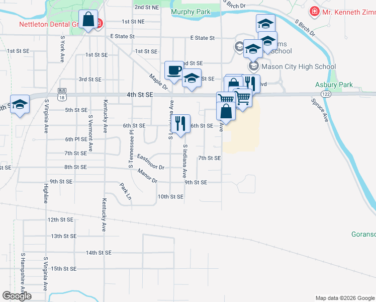 map of restaurants, bars, coffee shops, grocery stores, and more near 701 S Indiana Ave in Mason City