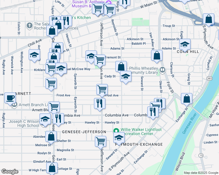 map of restaurants, bars, coffee shops, grocery stores, and more near 281 Champlain Street in Rochester