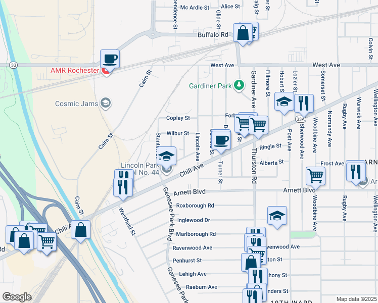 map of restaurants, bars, coffee shops, grocery stores, and more near 18 Farragut Street in Rochester