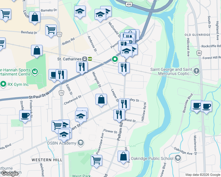 map of restaurants, bars, coffee shops, grocery stores, and more near 34 Leeper Street in Saint Catharines