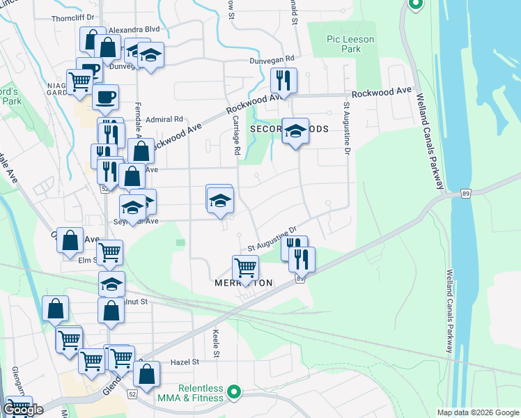 map of restaurants, bars, coffee shops, grocery stores, and more near 10 Green Maple Drive in St. Catharines