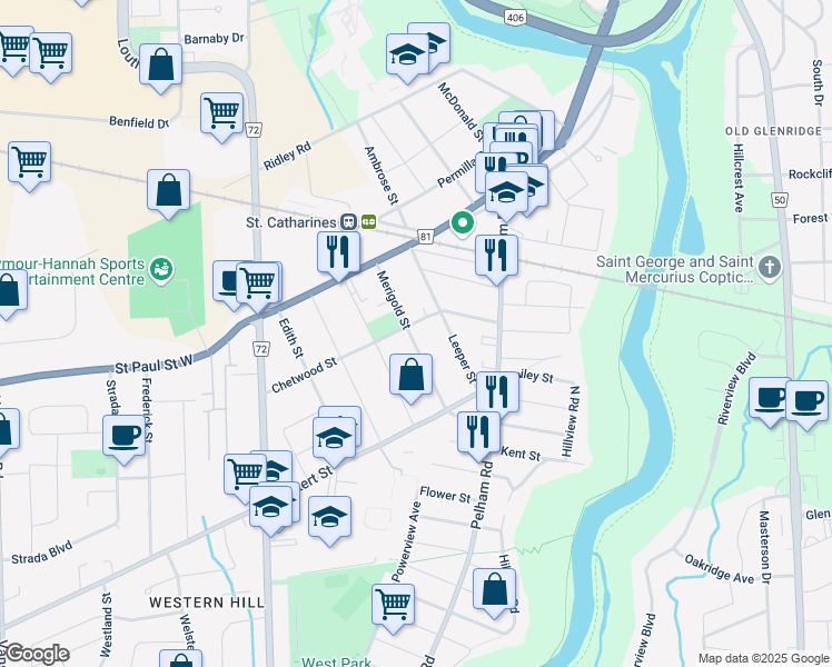 map of restaurants, bars, coffee shops, grocery stores, and more near 62 Chetwood Street in Saint Catharines