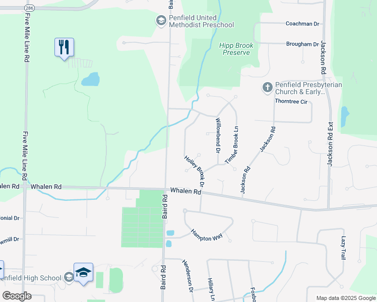map of restaurants, bars, coffee shops, grocery stores, and more near 77 Holley Brook Drive in Penfield