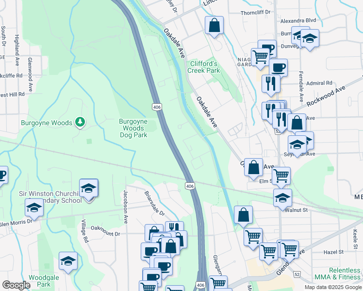 map of restaurants, bars, coffee shops, grocery stores, and more near 25 Corbin Street in Saint Catharines