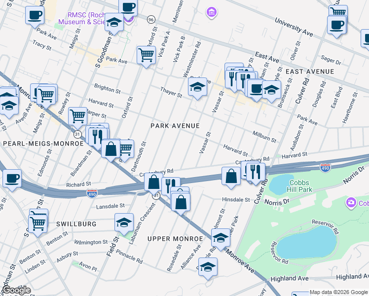 map of restaurants, bars, coffee shops, grocery stores, and more near 326 Barrington Street in Rochester