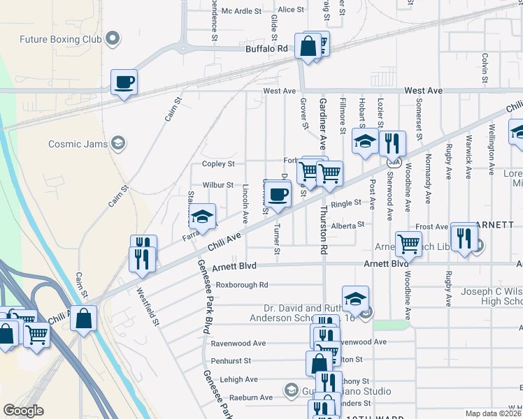 map of restaurants, bars, coffee shops, grocery stores, and more near 253 Garfield Street in Rochester
