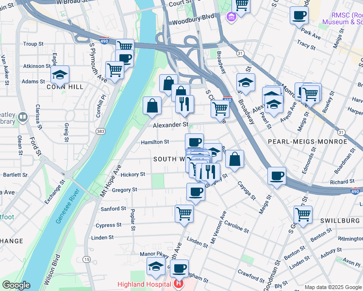 map of restaurants, bars, coffee shops, grocery stores, and more near 571-585 South Avenue in Rochester