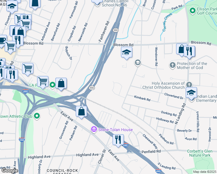 map of restaurants, bars, coffee shops, grocery stores, and more near 100 McAuley Drive in Rochester