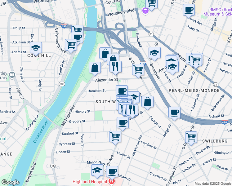map of restaurants, bars, coffee shops, grocery stores, and more near 571-585 South Avenue in Rochester