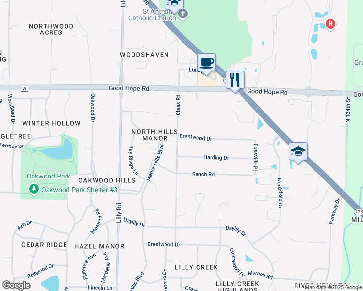 map of restaurants, bars, coffee shops, grocery stores, and more near N69W13490 Harding Drive in Menomonee Falls
