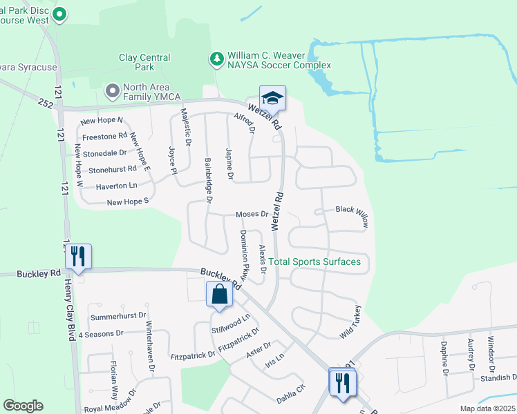 map of restaurants, bars, coffee shops, grocery stores, and more near 4991 Moses Drive in Liverpool