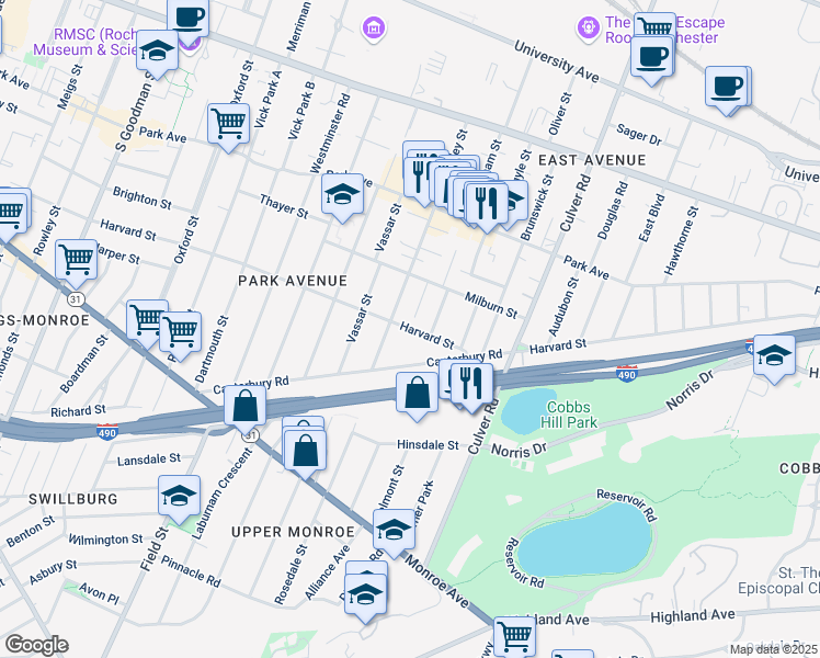 map of restaurants, bars, coffee shops, grocery stores, and more near Harvard Street in Rochester