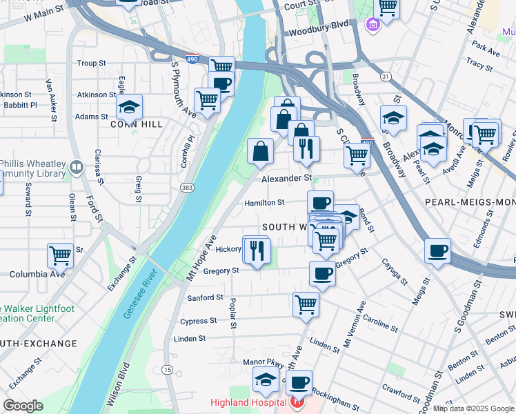 map of restaurants, bars, coffee shops, grocery stores, and more near 51 Hamilton Street in Rochester