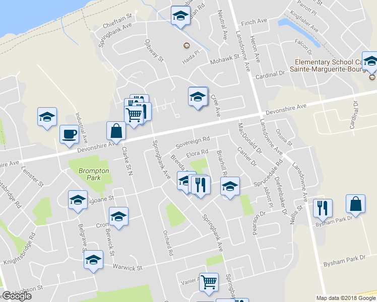 map of restaurants, bars, coffee shops, grocery stores, and more near 1041 Elora Road in Woodstock