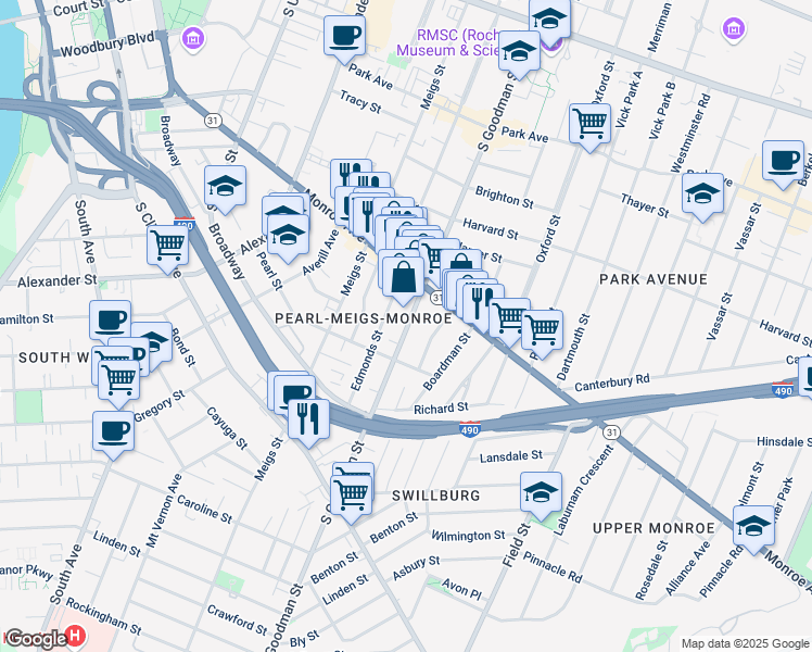 map of restaurants, bars, coffee shops, grocery stores, and more near 465 South Goodman Street in Rochester
