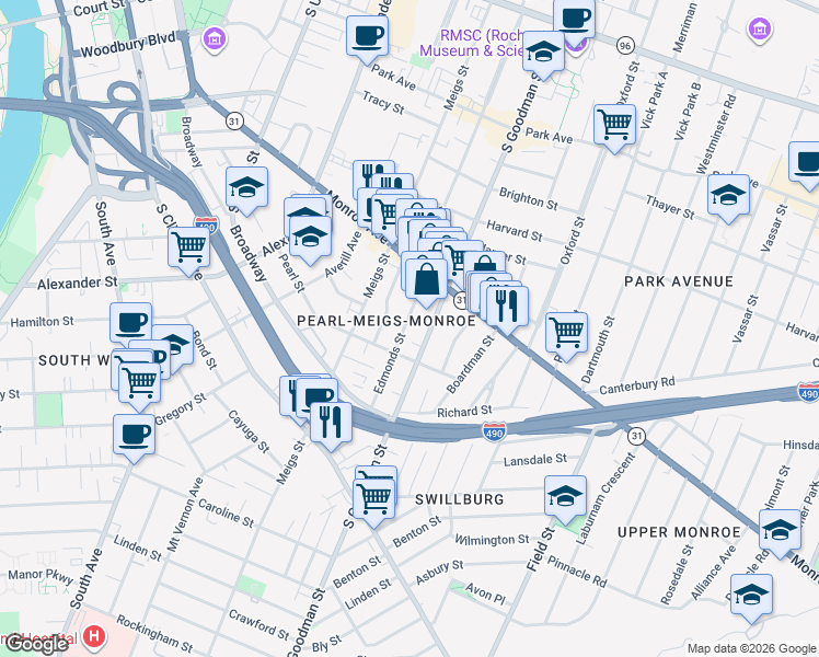 map of restaurants, bars, coffee shops, grocery stores, and more near 465 South Goodman Street in Rochester
