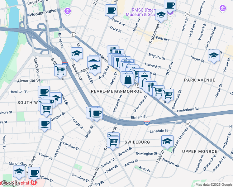 map of restaurants, bars, coffee shops, grocery stores, and more near 370 Pearl Street in Rochester
