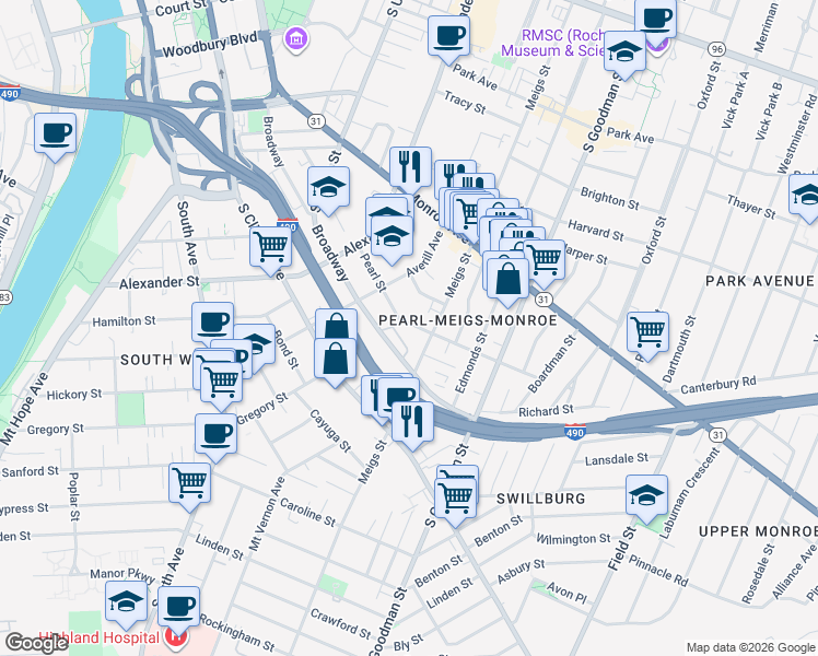 map of restaurants, bars, coffee shops, grocery stores, and more near 509 Meigs Street in Rochester