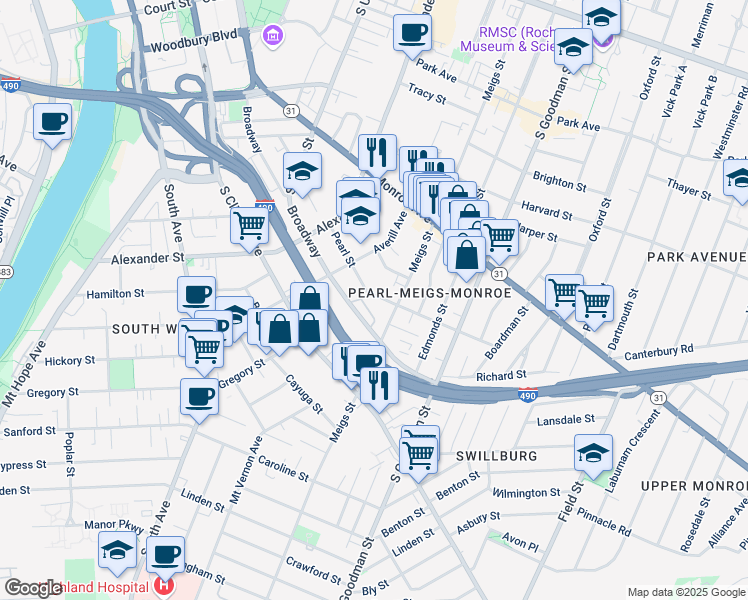 map of restaurants, bars, coffee shops, grocery stores, and more near 662 Broadway in Rochester