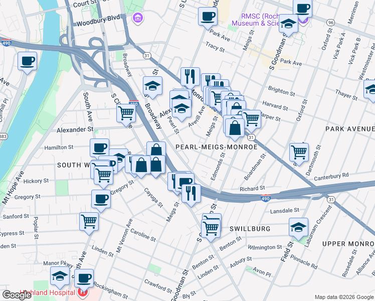 map of restaurants, bars, coffee shops, grocery stores, and more near 662 Broadway in Rochester