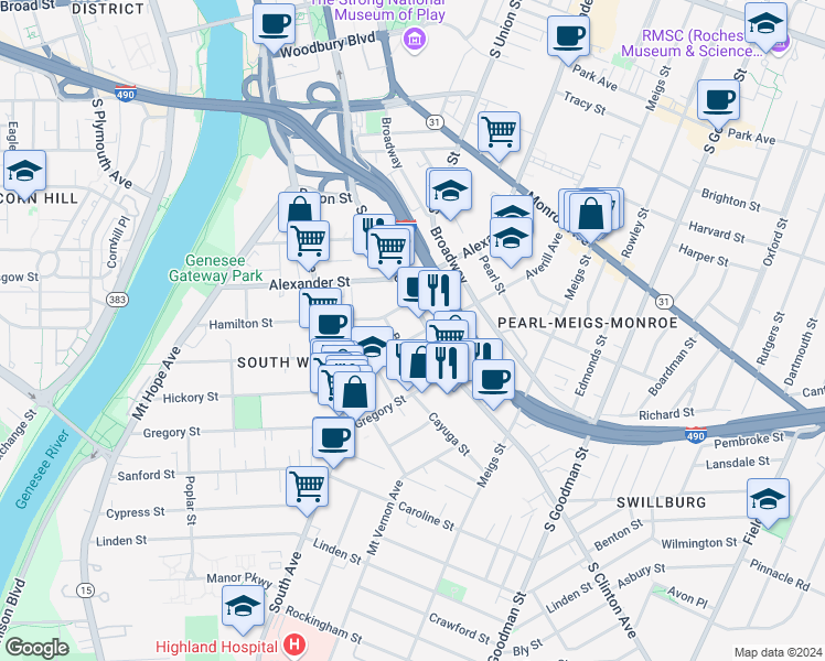 map of restaurants, bars, coffee shops, grocery stores, and more near 651 South Clinton Avenue in Rochester