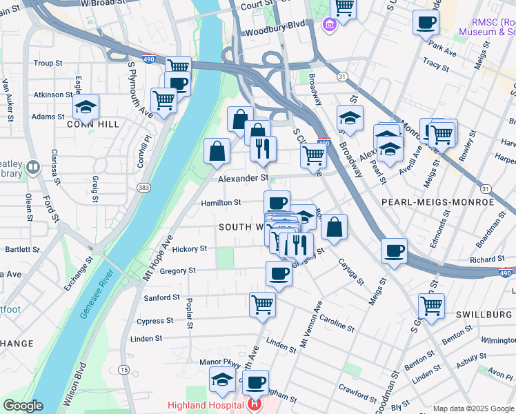 map of restaurants, bars, coffee shops, grocery stores, and more near 571-585 South Avenue in Rochester
