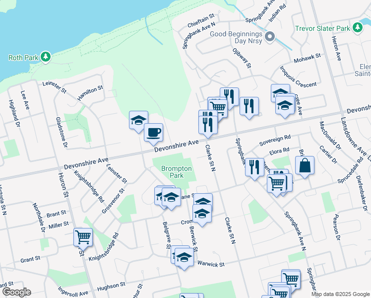 map of restaurants, bars, coffee shops, grocery stores, and more near 908 Devonshire Avenue in Woodstock