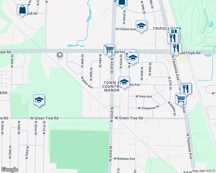 map of restaurants, bars, coffee shops, grocery stores, and more near 6969 North 43rd Street in Milwaukee